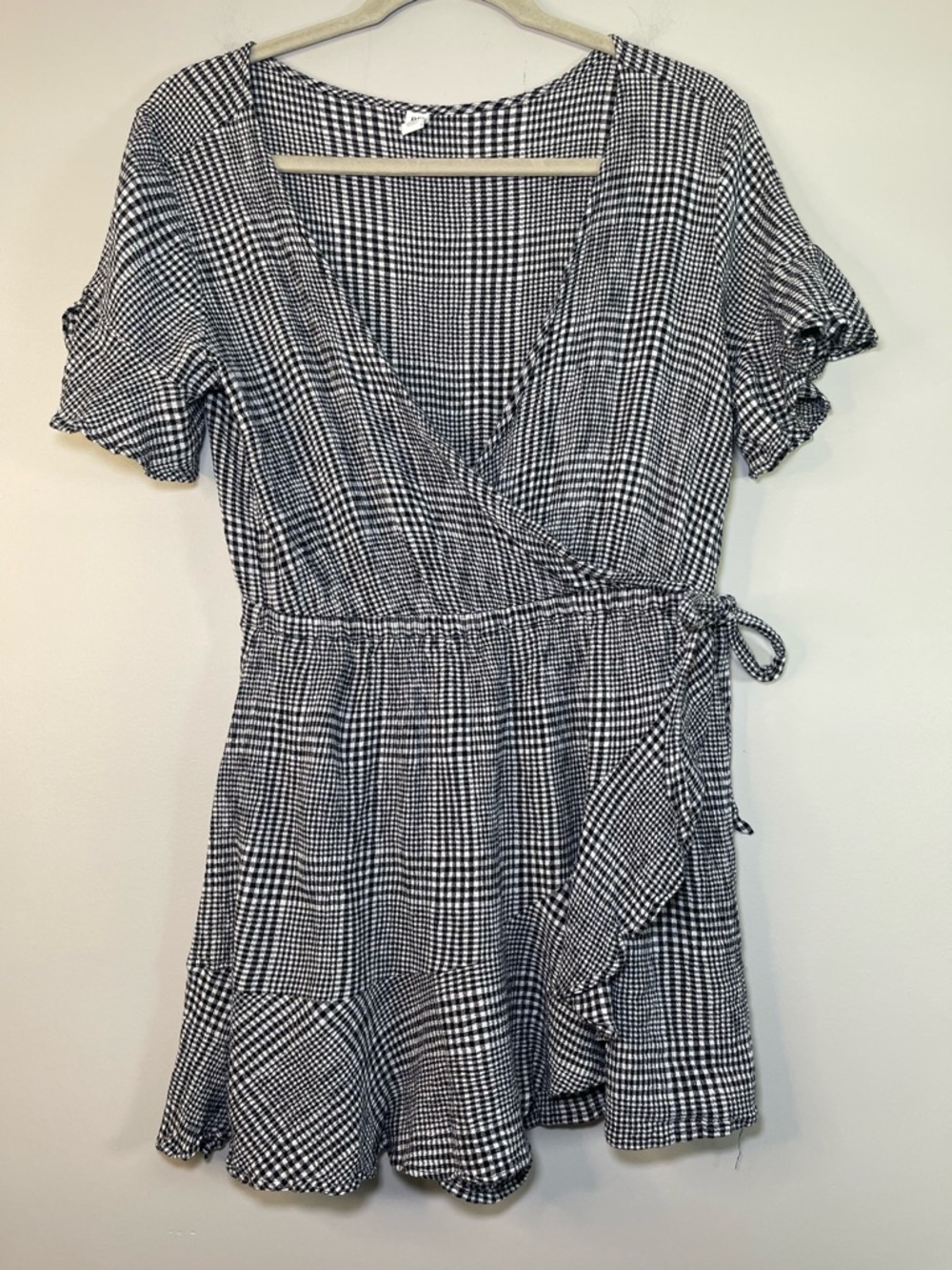 bp Black & White Gingham Tie-Waist Wrap Mini Dress